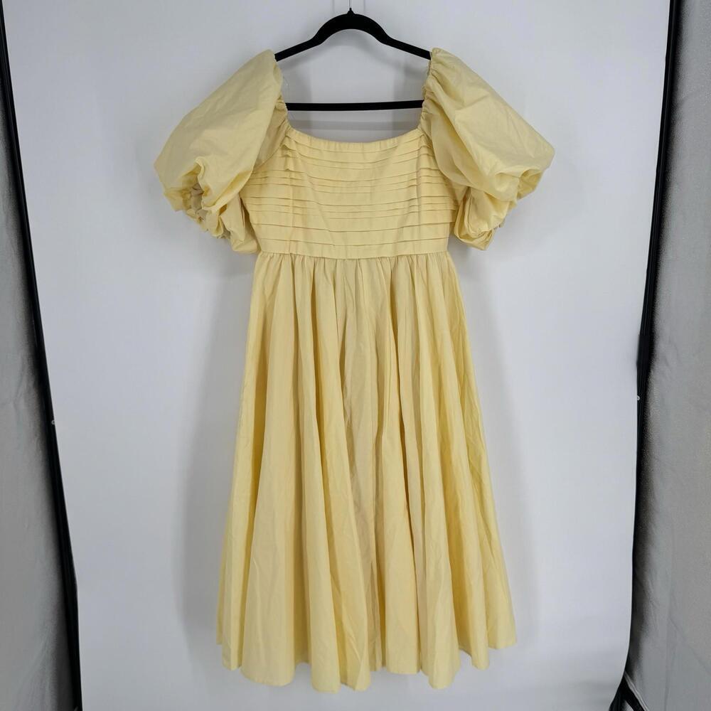 Classic Puff-Sleeve Midi Dress in Soft Yellow